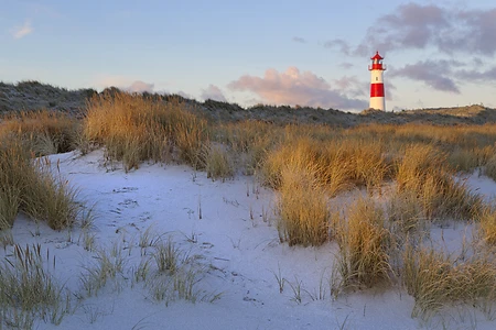 The red and white lighthouse of List Ost on the Ellenbogen peninsula, List, Sylt, North Frisia, Schleswig-Holstein, Germany