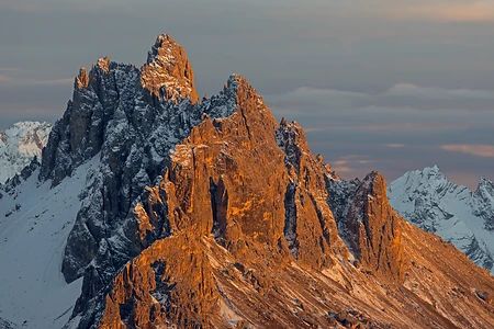 Berggruppe Cadini di Misurina im letzten Licht, Dolomiten, Südtirol, Italien