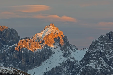 Berggruppe Cadini di Misurina im letzten Licht, Dolomiten, Südtirol, Italien